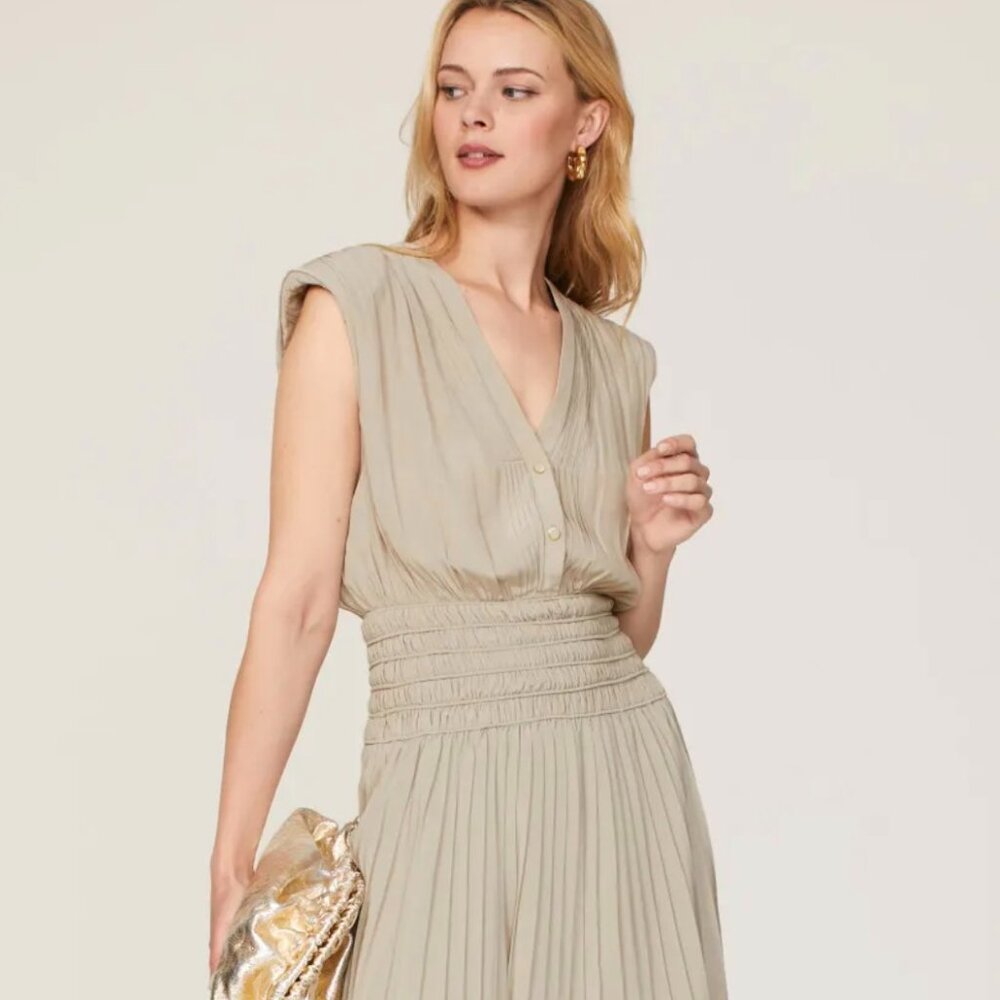 Ramy Brook Preslie Dress | Classic White Midi Staple | Pleated Smocked Size XS